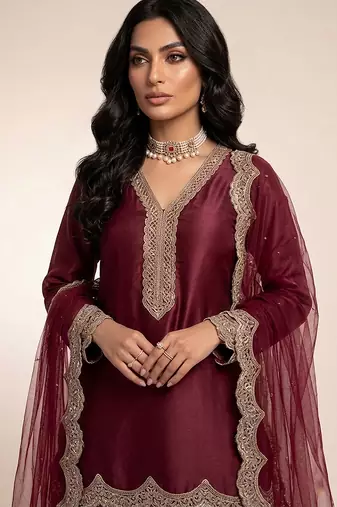 Maroon embroidered satin sharara set