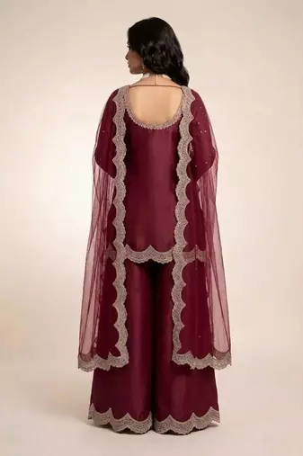 Maroon embroidered satin sharara set