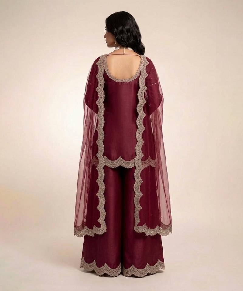 Maroon embroidered satin sharara set