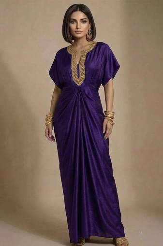 Purple embroidered raw silk kaftan