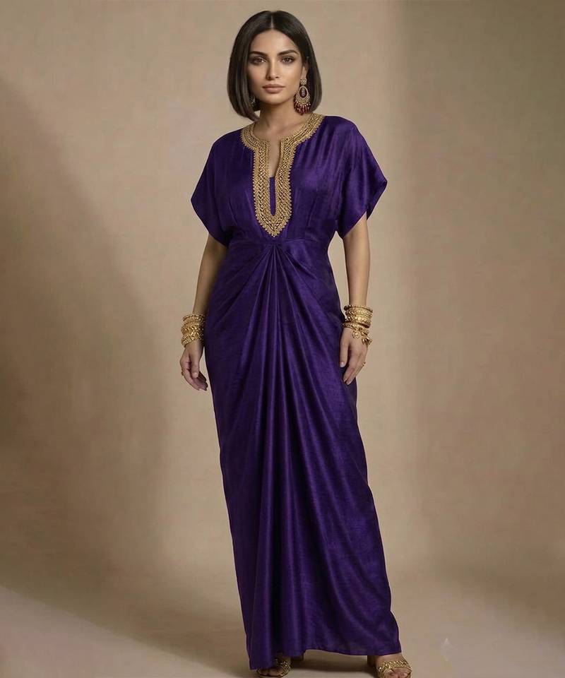 Purple embroidered raw silk kaftan
