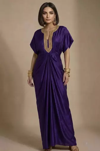 Purple embroidered raw silk kaftan