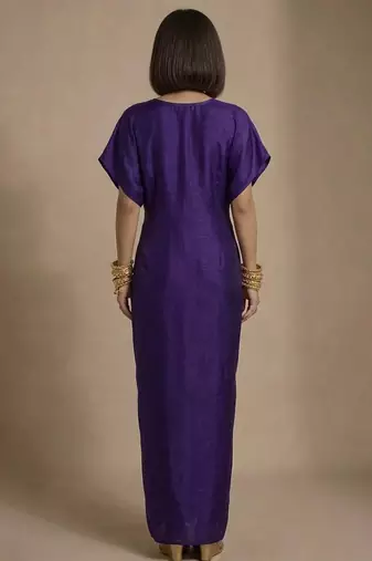 Purple embroidered raw silk kaftan