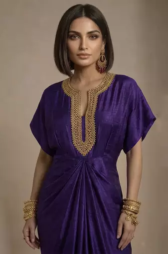 Purple embroidered raw silk kaftan