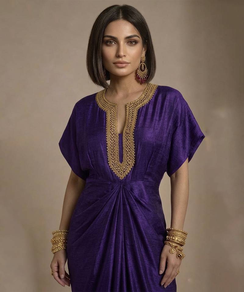 Purple embroidered raw silk kaftan