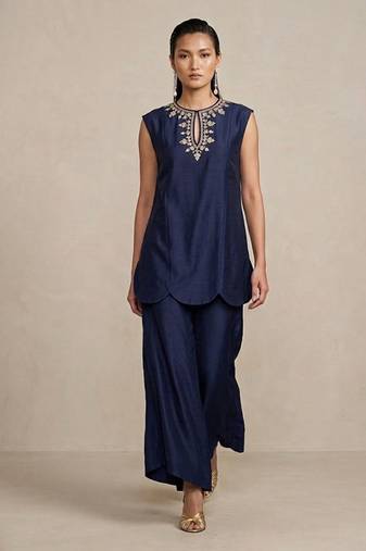 Navy blue embroidered raw silk co ord set
