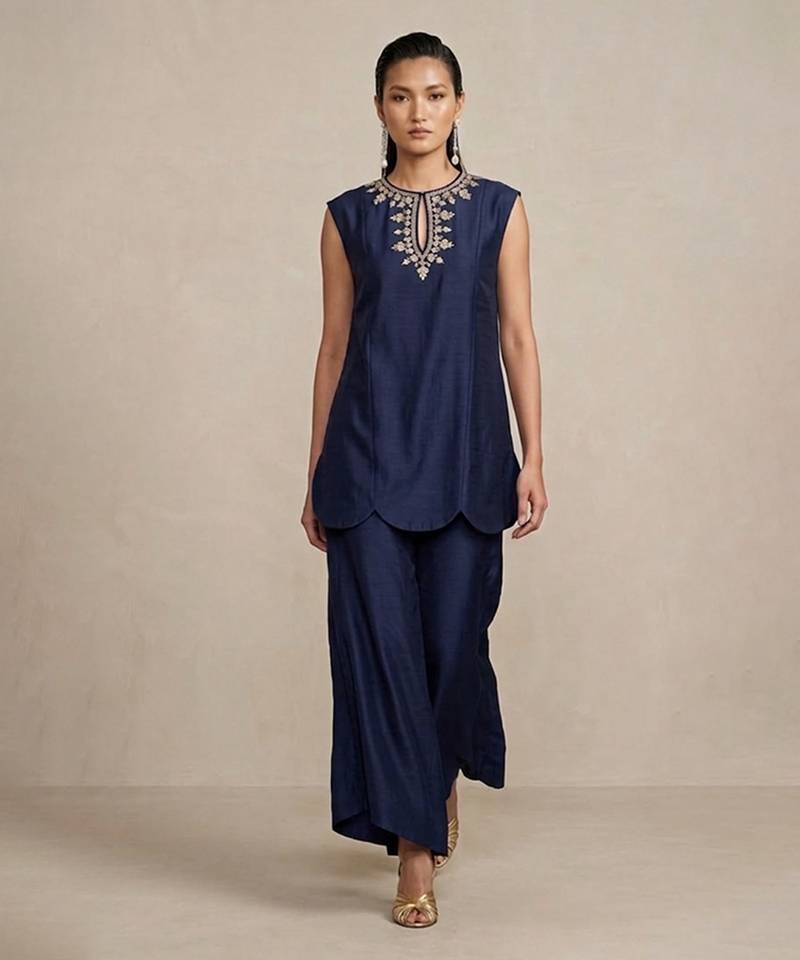 Navy blue embroidered raw silk co ord set