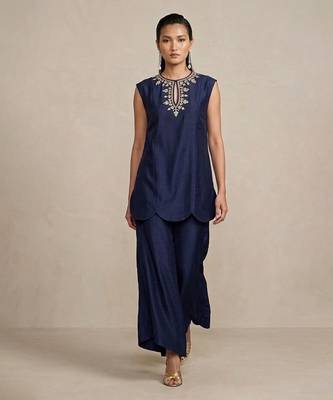 Navy blue embroidered raw silk co ord set 1