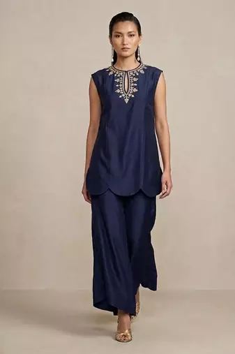 Navy blue embroidered raw silk co ord set
