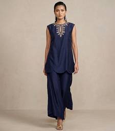 Navy blue embroidered raw silk co ord set