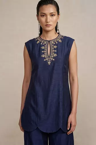 Navy blue embroidered raw silk co ord set