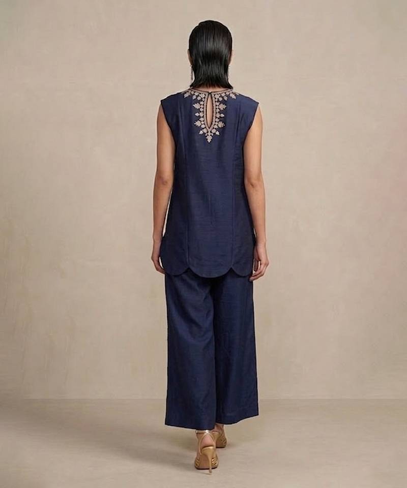 Navy blue embroidered raw silk co ord set