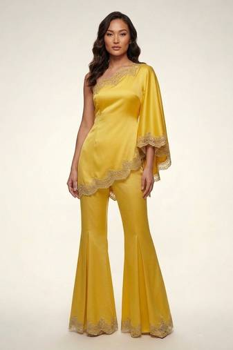 Yellow embroidered satin co ord set