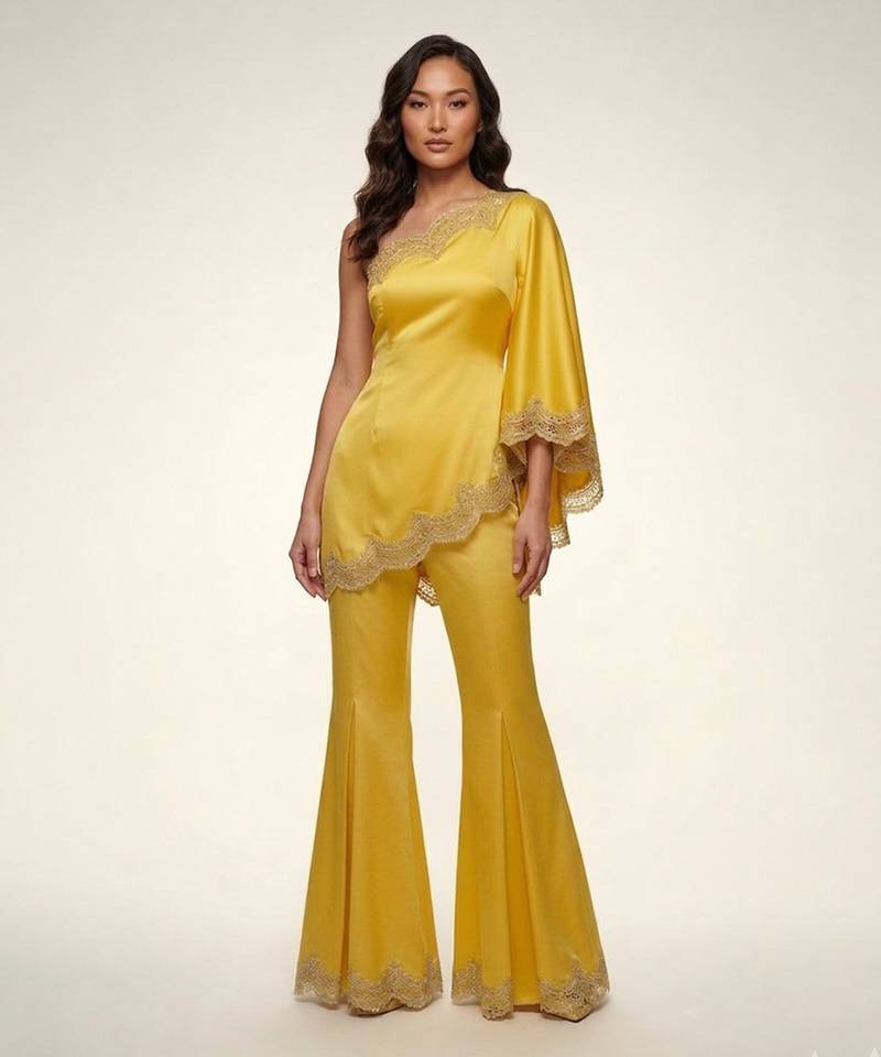 Yellow embroidered satin co ord set