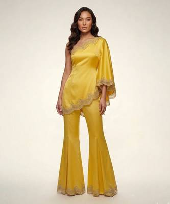Yellow embroidered satin co ord set 1