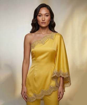 Yellow embroidered satin co ord set 2