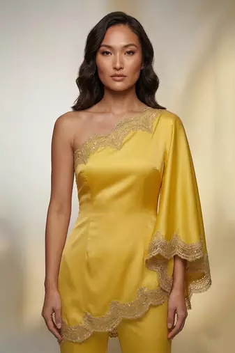 Yellow embroidered satin co ord set