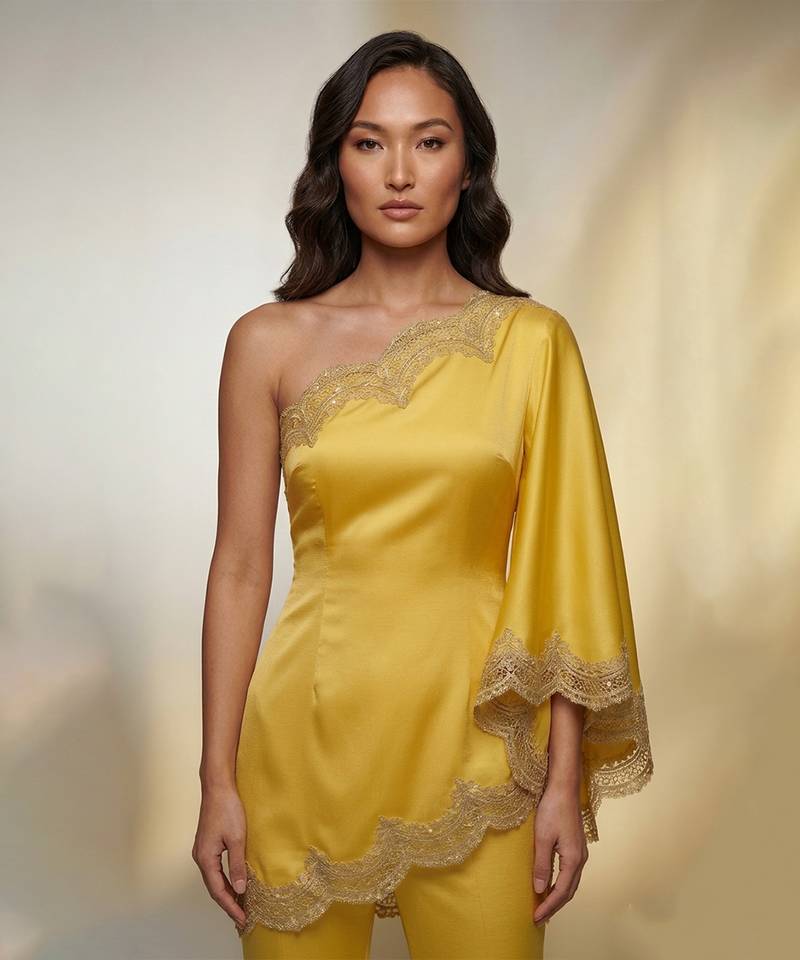 Yellow embroidered satin co ord set