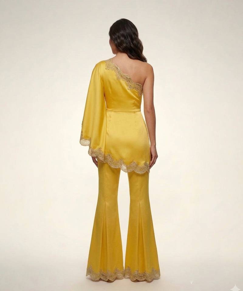 Yellow embroidered satin co ord set