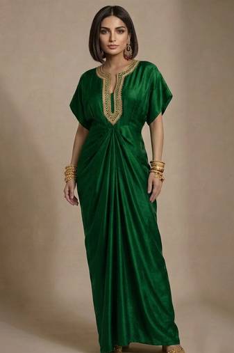Green embroidered raw silk kaftan