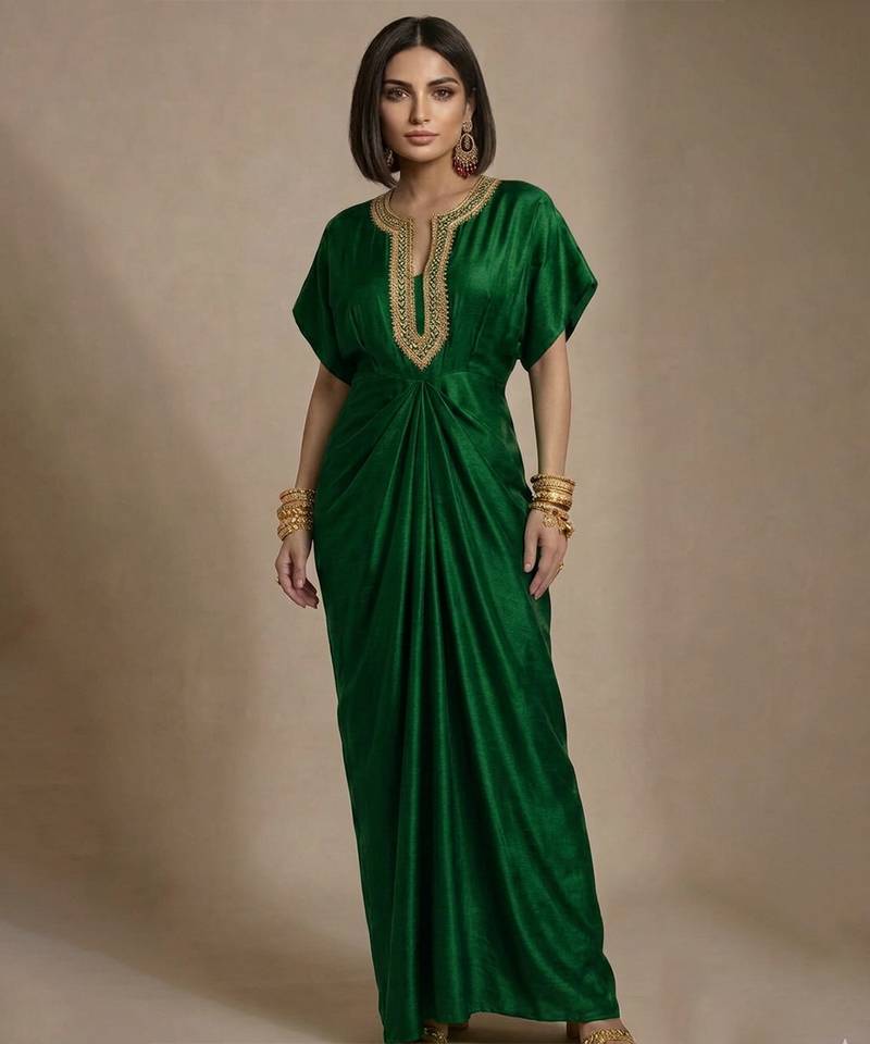 Green embroidered raw silk kaftan