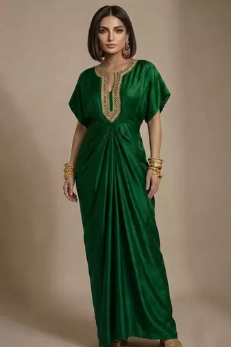 Green embroidered raw silk kaftan