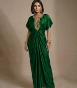 Green embroidered raw silk kaftan