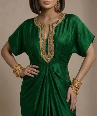 Green embroidered raw silk kaftan 2