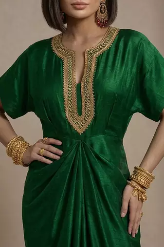 Green embroidered raw silk kaftan