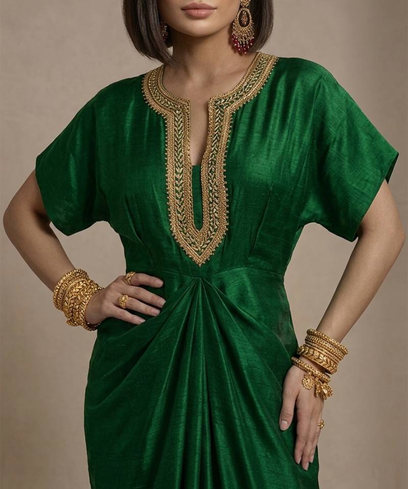 Green embroidered raw silk kaftan