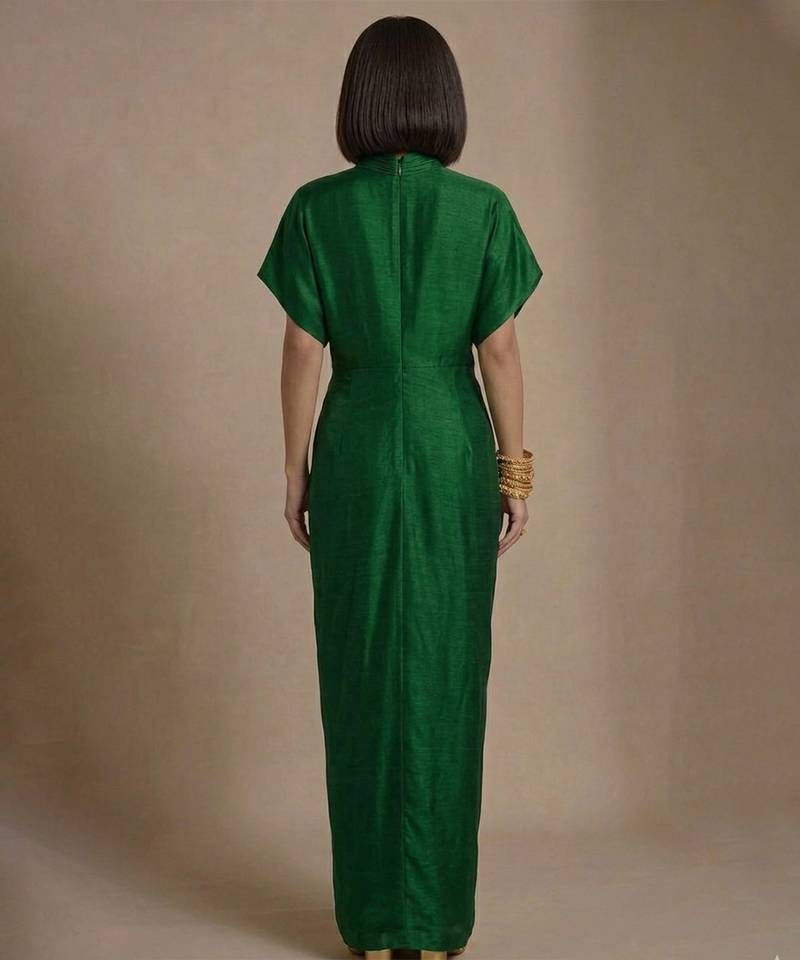 Green embroidered raw silk kaftan