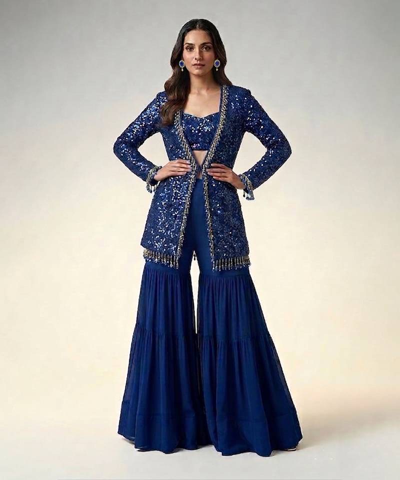 Royal blue embroidered georgette indowestern sharara set