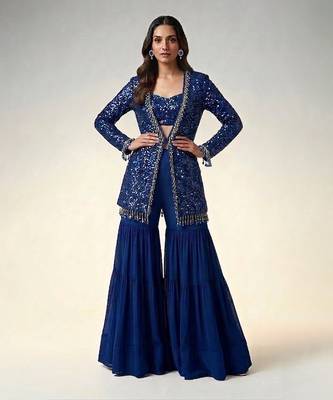 Royal blue embroidered georgette indowestern sharara set 1