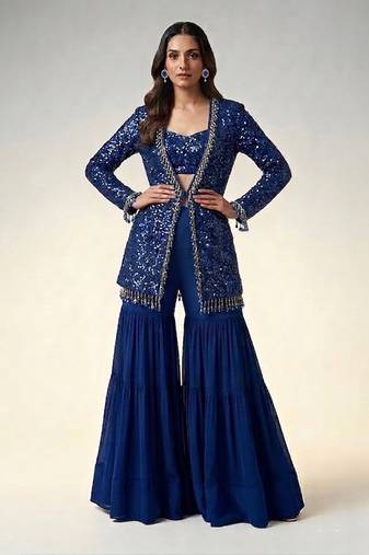 Royal blue embroidered georgette indowestern sharara set