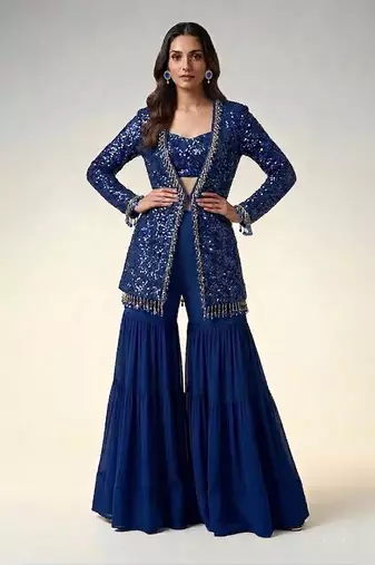 Royal blue embroidered georgette indowestern sharara set