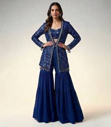 Royal blue embroidered georgette indowestern sharara set