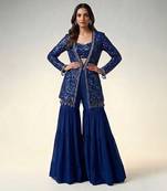 Royal blue embroidered georgette indowestern sharara set