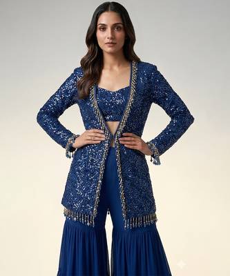 Royal blue embroidered georgette indowestern sharara set 2