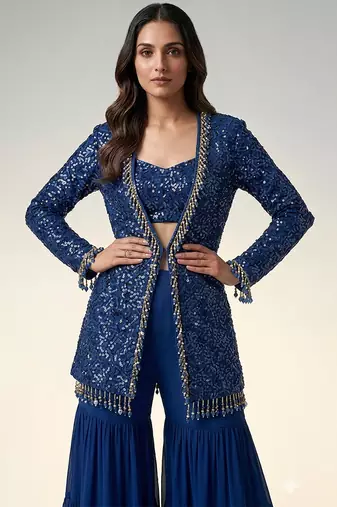 Royal blue embroidered georgette indowestern sharara set
