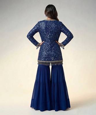 Royal blue embroidered georgette indowestern sharara set 3