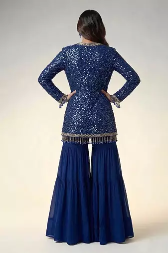 Royal blue embroidered georgette indowestern sharara set