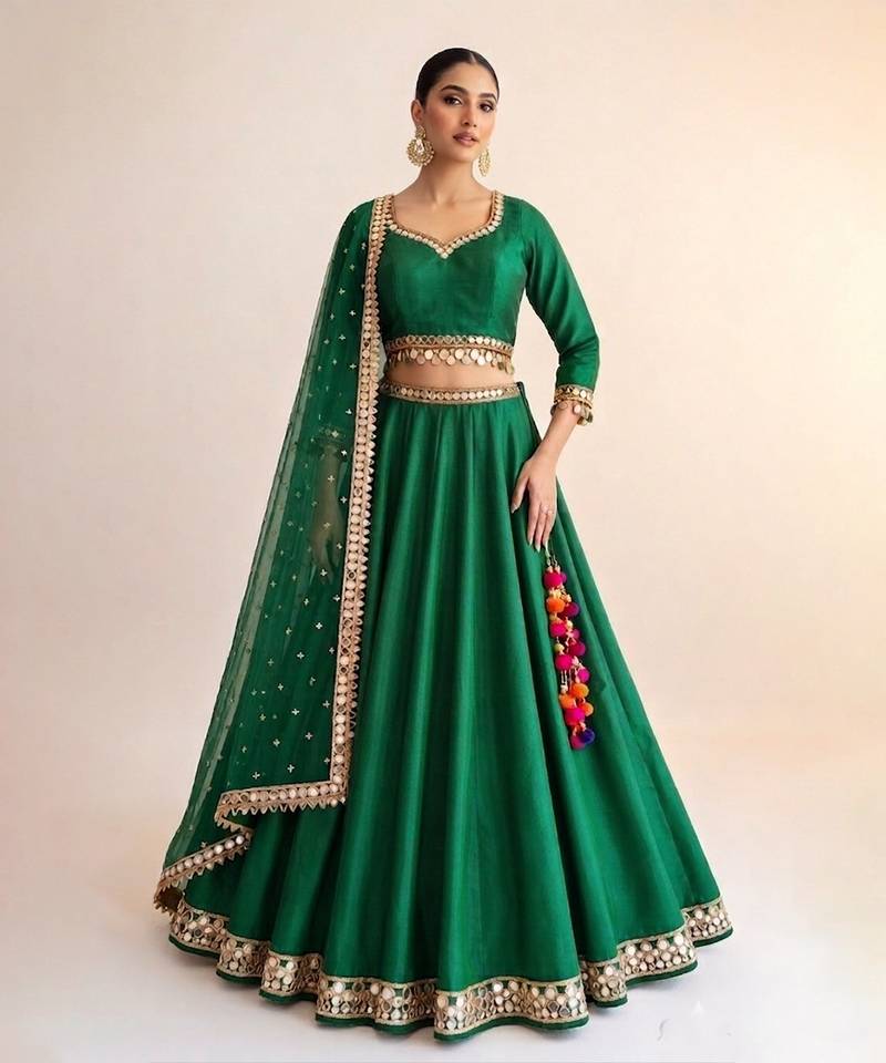 Green Raw Silk Lehenga Set
