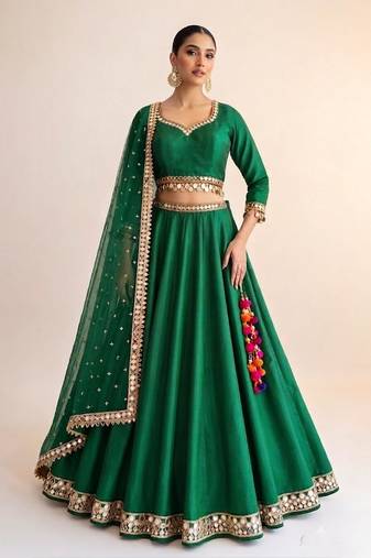 Green Raw Silk Lehenga Set