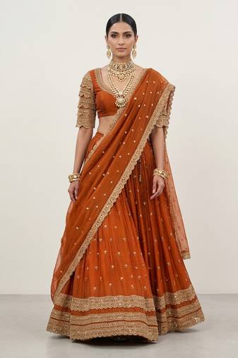 Rust Orange Crepe Chiffon Lehenga Set