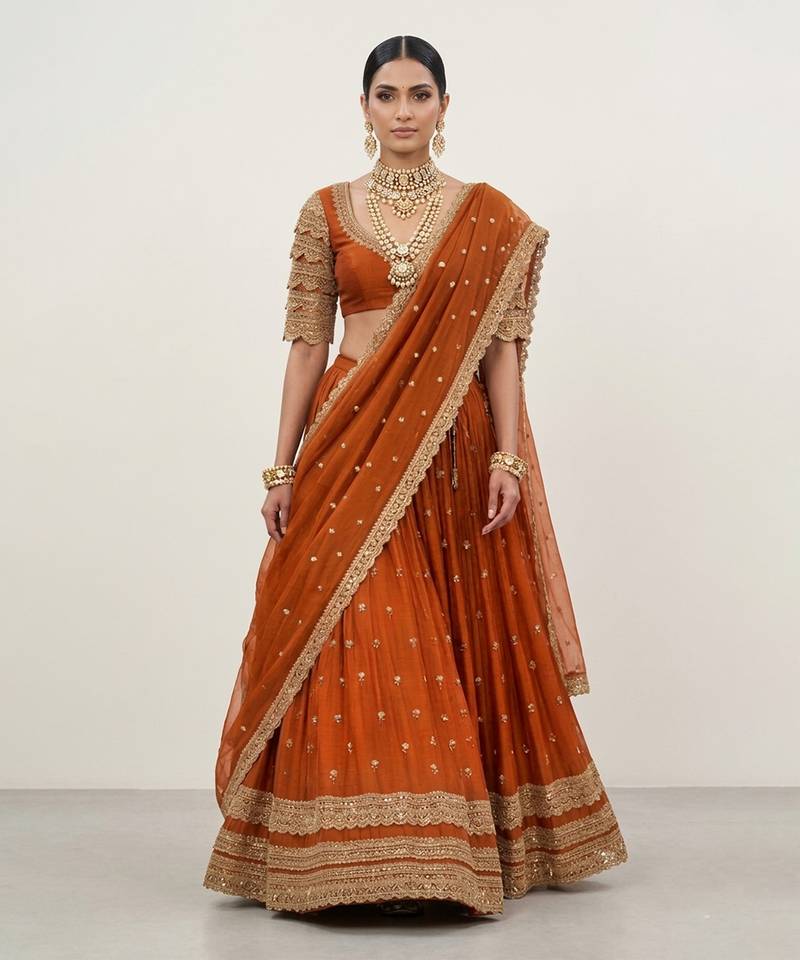 Rust Orange Crepe Chiffon Lehenga Set