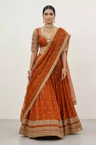 Rust Orange Crepe Chiffon Lehenga Set