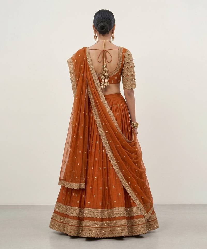 Rust Orange Crepe Chiffon Lehenga Set
