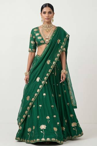 Green Embroidered Silk Lehenga Set
