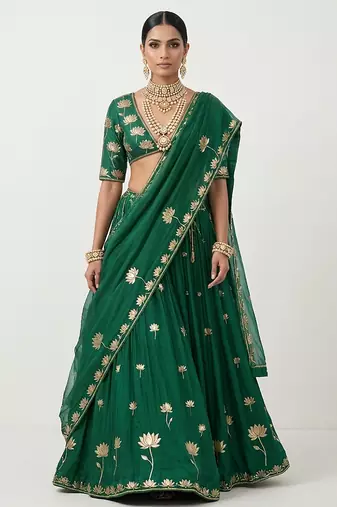 Green Embroidered Silk Lehenga Set