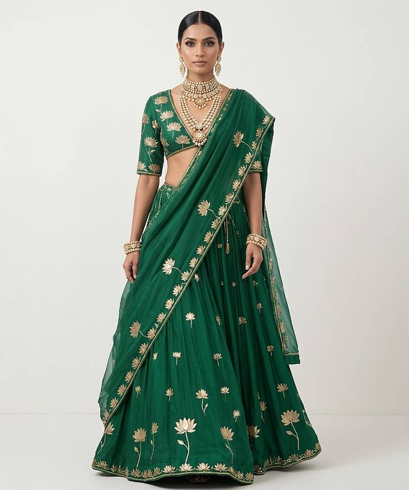 Green Embroidered Silk Lehenga Set